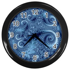 Blue Floral Fern Swirls And Spirals  Wall Clock (black) by SpinnyChairDesigns