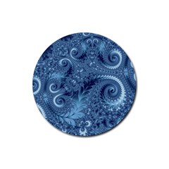 Blue Floral Fern Swirls And Spirals  Rubber Coaster (round)  by SpinnyChairDesigns