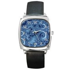 Blue Floral Fern Swirls And Spirals  Square Metal Watch by SpinnyChairDesigns