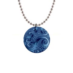 Blue Floral Fern Swirls And Spirals  1  Button Necklace by SpinnyChairDesigns