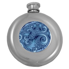 Blue Floral Fern Swirls And Spirals  Round Hip Flask (5 Oz) by SpinnyChairDesigns