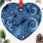 Blue Floral Fern Swirls And Spirals  Heart Ornament (Two Sides) Back