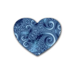 Blue Floral Fern Swirls And Spirals  Rubber Coaster (heart)  by SpinnyChairDesigns