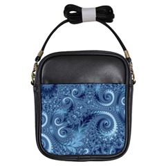 Blue Floral Fern Swirls And Spirals  Girls Sling Bag by SpinnyChairDesigns