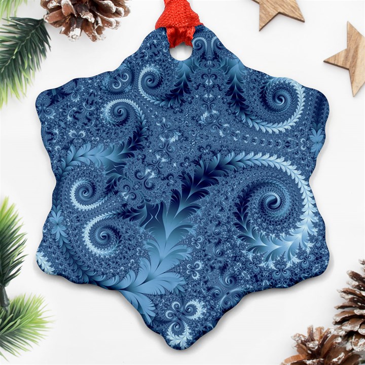 Blue Floral Fern Swirls And Spirals  Snowflake Ornament (Two Sides)