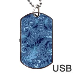 Blue Floral Fern Swirls And Spirals  Dog Tag Usb Flash (one Side) by SpinnyChairDesigns