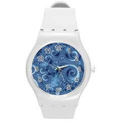 Blue Floral Fern Swirls And Spirals  Round Plastic Sport Watch (m) by SpinnyChairDesigns