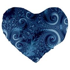 Blue Floral Fern Swirls And Spirals  Large 19  Premium Heart Shape Cushions by SpinnyChairDesigns