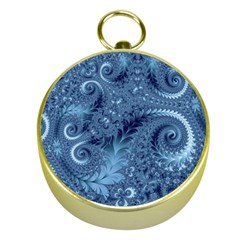 Blue Floral Fern Swirls And Spirals  Gold Compasses by SpinnyChairDesigns