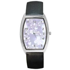 Pale Violet And White Floral Pattern Barrel Style Metal Watch by SpinnyChairDesigns