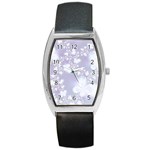 Pale Violet and White Floral Pattern Barrel Style Metal Watch Front