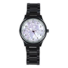 Pale Violet And White Floral Pattern Stainless Steel Round Watch by SpinnyChairDesigns