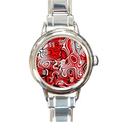 Black Red White Abstract Stripes Round Italian Charm Watch by SpinnyChairDesigns