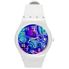 Blue Purple Abstract Stripes Round Plastic Sport Watch (m) by SpinnyChairDesigns