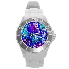 Blue Purple Abstract Stripes Round Plastic Sport Watch (l) by SpinnyChairDesigns