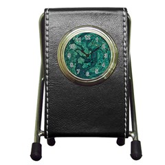 Dark Green Marbled Texture Pen Holder Desk Clock by SpinnyChairDesigns