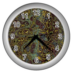 Dark Brown Gold Abstract Marble Texture Wall Clock (silver) by SpinnyChairDesigns