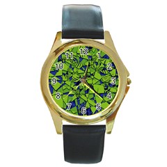 Green Blue Abstract Grunge Pattern Round Gold Metal Watch by SpinnyChairDesigns