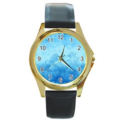 Abstract Sky Blue Texture Round Gold Metal Watch by SpinnyChairDesigns