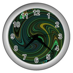 Dark Green Swirls Wall Clock (silver) by SpinnyChairDesigns