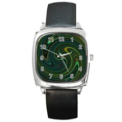 Dark Green Swirls Square Metal Watch by SpinnyChairDesigns