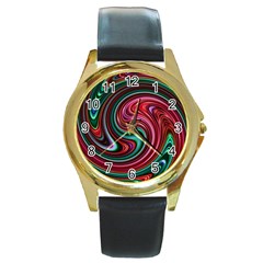 Red Green Swirls Round Gold Metal Watch by SpinnyChairDesigns