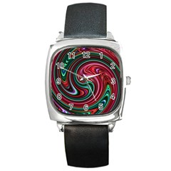 Red Green Swirls Square Metal Watch by SpinnyChairDesigns