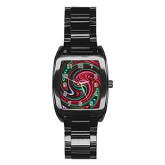 Red Green Swirls Stainless Steel Barrel Watch by SpinnyChairDesigns