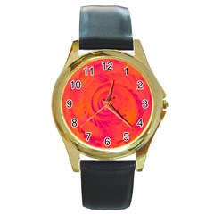 Pink And Orange Swirl Round Gold Metal Watch by SpinnyChairDesigns