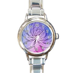 Watercolor Blue Purple Floral Pattern Round Italian Charm Watch by SpinnyChairDesigns