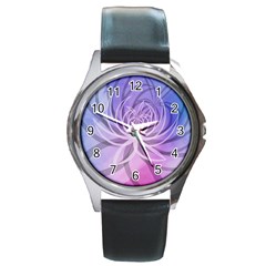 Watercolor Blue Purple Floral Pattern Round Metal Watch by SpinnyChairDesigns