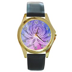 Watercolor Blue Purple Floral Pattern Round Gold Metal Watch by SpinnyChairDesigns