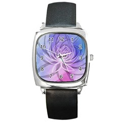 Watercolor Blue Purple Floral Pattern Square Metal Watch by SpinnyChairDesigns