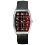 Black and Red Striped Plaid Barrel Style Metal Watch Front