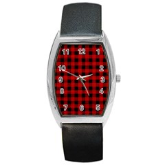 Grunge Red Black Buffalo Plaid Barrel Style Metal Watch by SpinnyChairDesigns