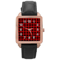 Grunge Red Black Buffalo Plaid Rose Gold Leather Watch  by SpinnyChairDesigns