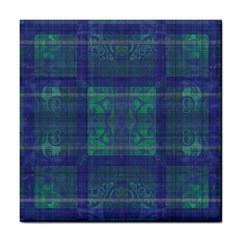 Blue Green Faded Plaid Tile Coaster by SpinnyChairDesigns