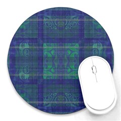 Blue Green Faded Plaid Round Mousepads by SpinnyChairDesigns