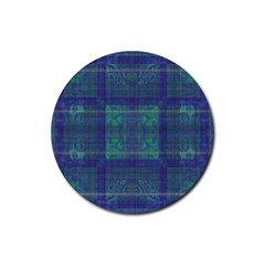 Blue Green Faded Plaid Rubber Coaster (round)  by SpinnyChairDesigns