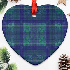 Blue Green Faded Plaid Heart Ornament (two Sides) by SpinnyChairDesigns