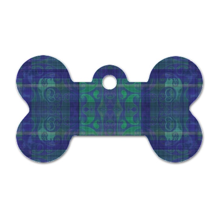 Blue Green Faded Plaid Dog Tag Bone (Two Sides)