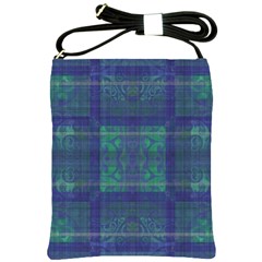 Blue Green Faded Plaid Shoulder Sling Bag by SpinnyChairDesigns