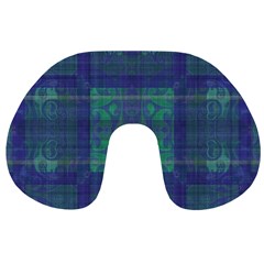 Blue Green Faded Plaid Travel Neck Pillow by SpinnyChairDesigns