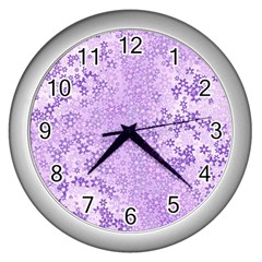 Purple Wildflowers Pattern Wall Clock (silver) by SpinnyChairDesigns