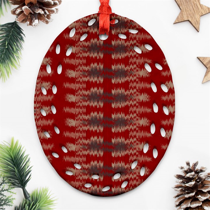 Red Grey Ikat Pattern Ornament (Oval Filigree)