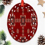 Red Grey Ikat Pattern Oval Filigree Ornament (Two Sides) Front