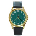 Teal Ikat Pattern Round Gold Metal Watch Front