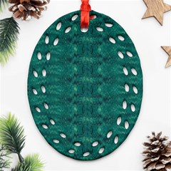 Teal Ikat Pattern Oval Filigree Ornament (two Sides) by SpinnyChairDesigns