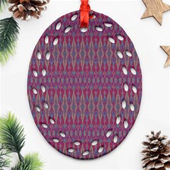 Red Blue Ikat Pattern Ornament (oval Filigree) by SpinnyChairDesigns