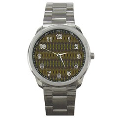 Olive Green And Blue Ikat Pattern Sport Metal Watch by SpinnyChairDesigns